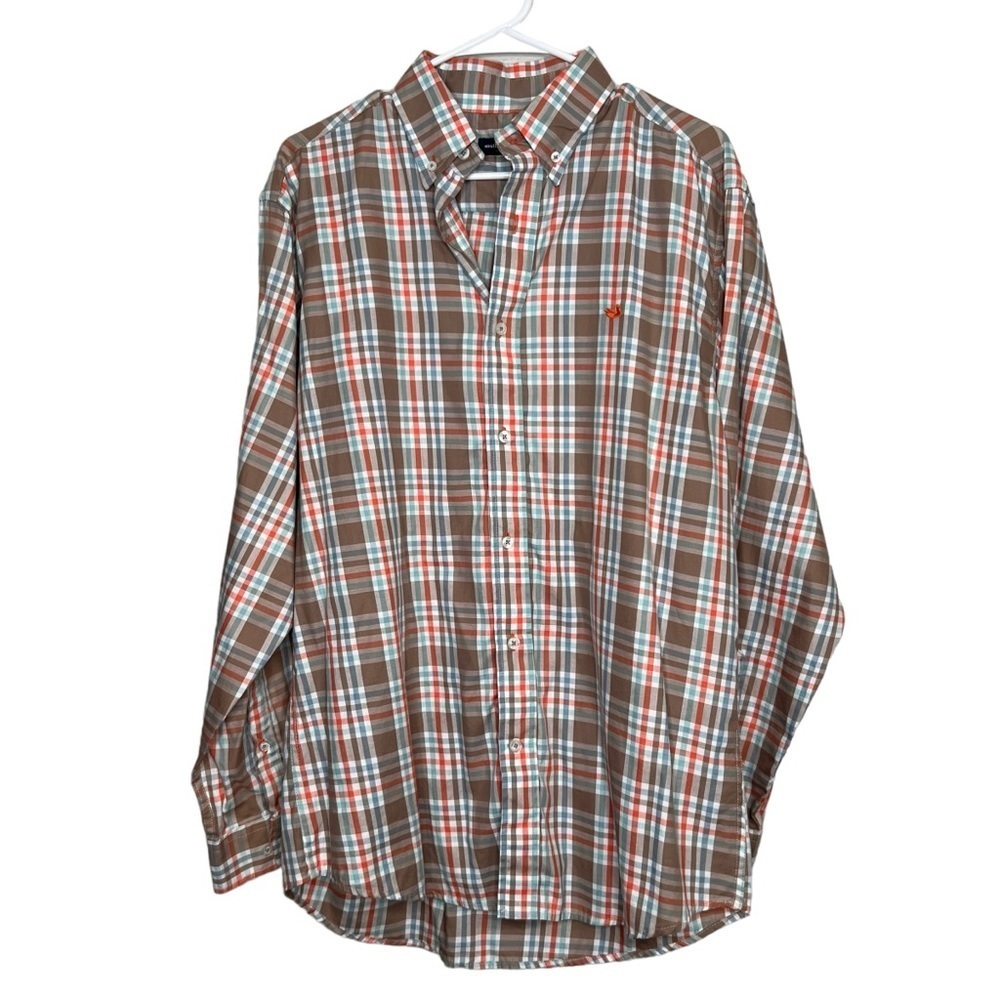 Southern Marsh Mens Size M Plaid Long Sleeve Button Up Shirt Brown Orange Blue